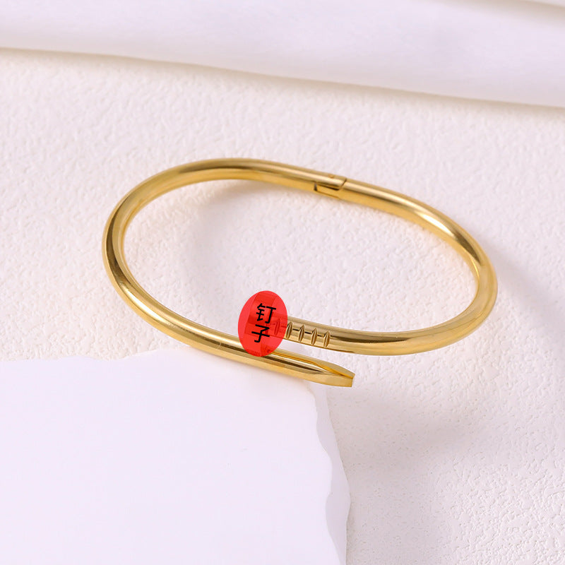 Cross-Border Hot-Selling Fashion Titanium Steel Bracelet, Gold Color That Won'T Fade, Classic Jade Style, Smooth Nail-Shaped Clasp, Stainless Steel
